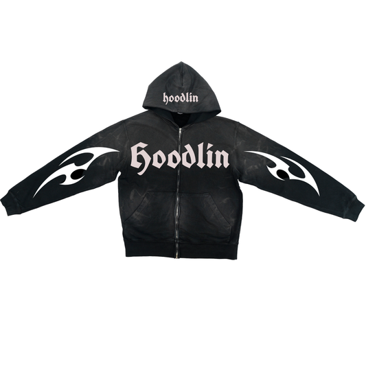 Hoodlin signature acid washed zip up hoodie